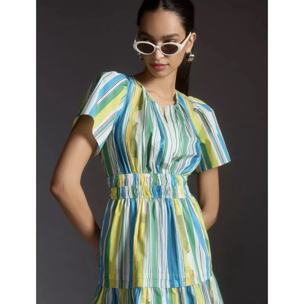 Anthropologie Women Mini Dress The Somerset Preppy Cotton Green Stripe Sz XS NWT